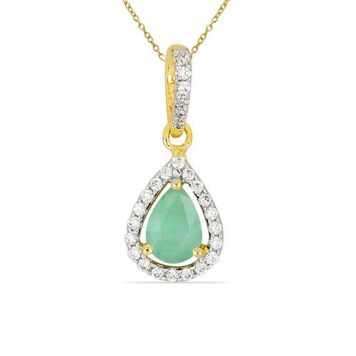 BUY 14K GOLD NATURAL EMERALD GEMSTONE HALO PENDANT WITH WHITE DIAMOND